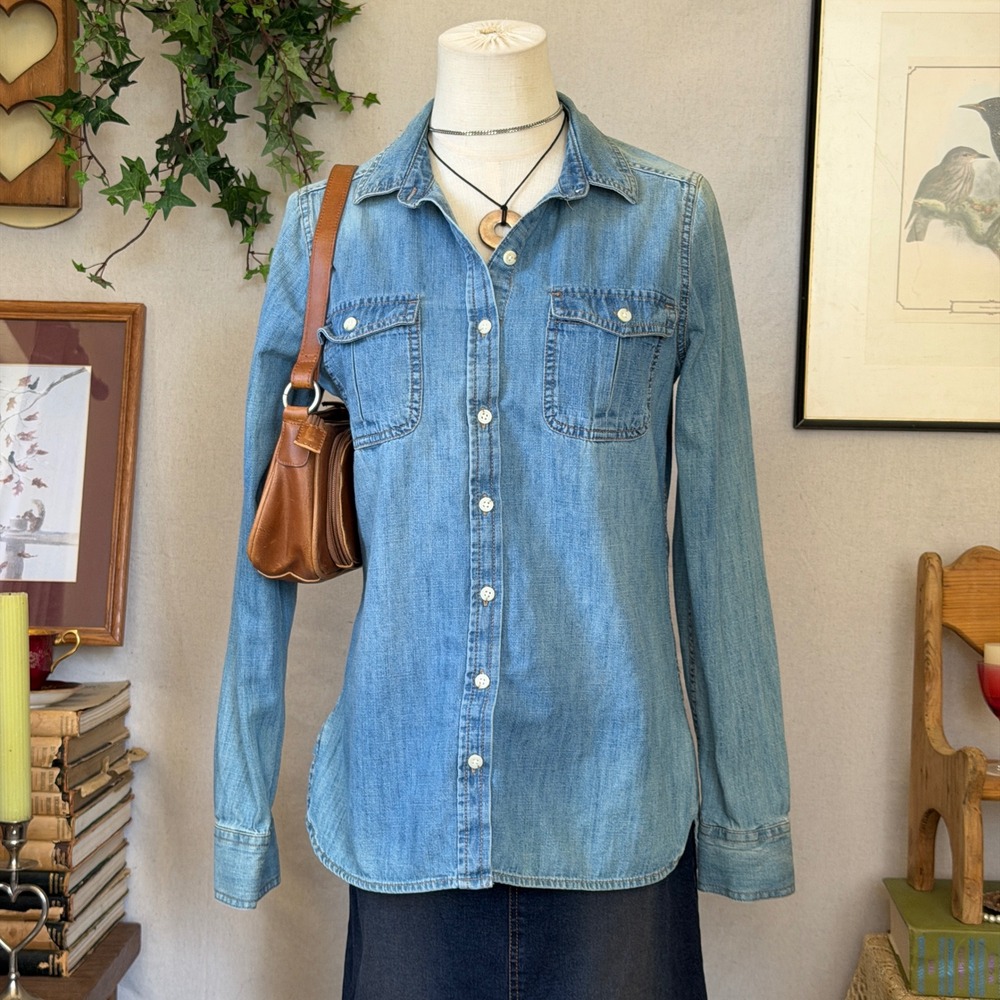 Blue Denim Shirt Fitted Button Up Top Boho Twilightcore M